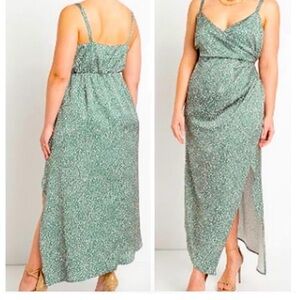 Satin maxi dress side slit, slip dress. Green and pink print surplice top